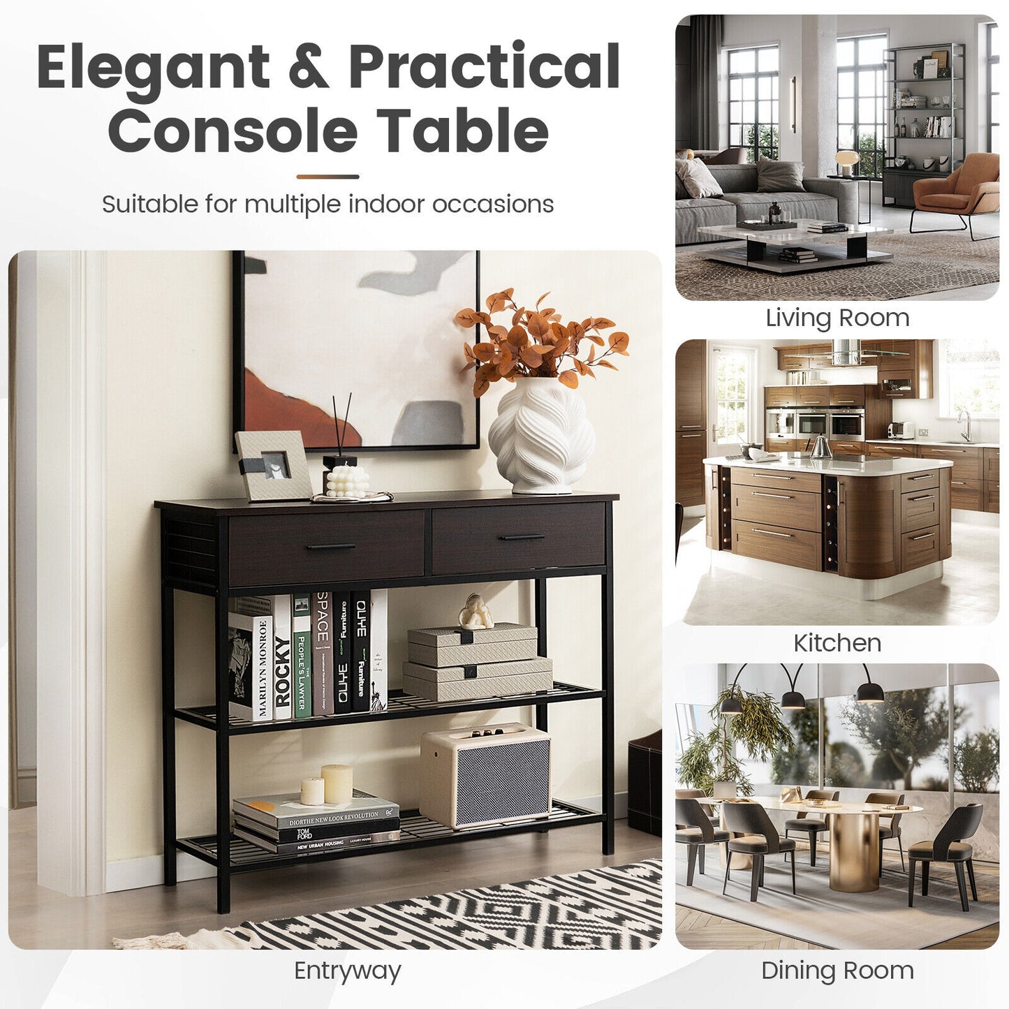 39.5 Inch Entryway Table, 2 Drawers, 2-Tier Shelves, Dark Brown Console Tables at Gallery Canada