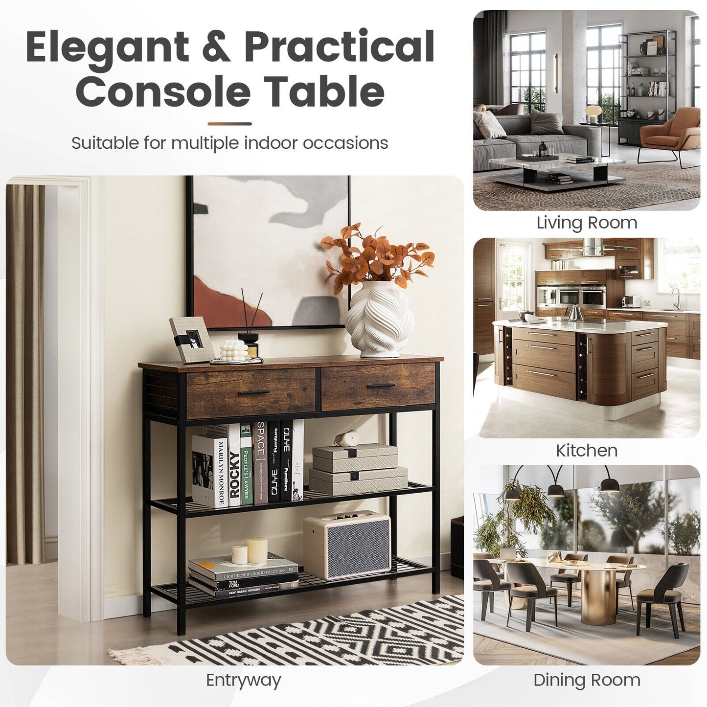 39.5 Inch Entryway Table, 2 Drawers, 2-Tier Shelves, Rustic Brown Console Tables at Gallery Canada