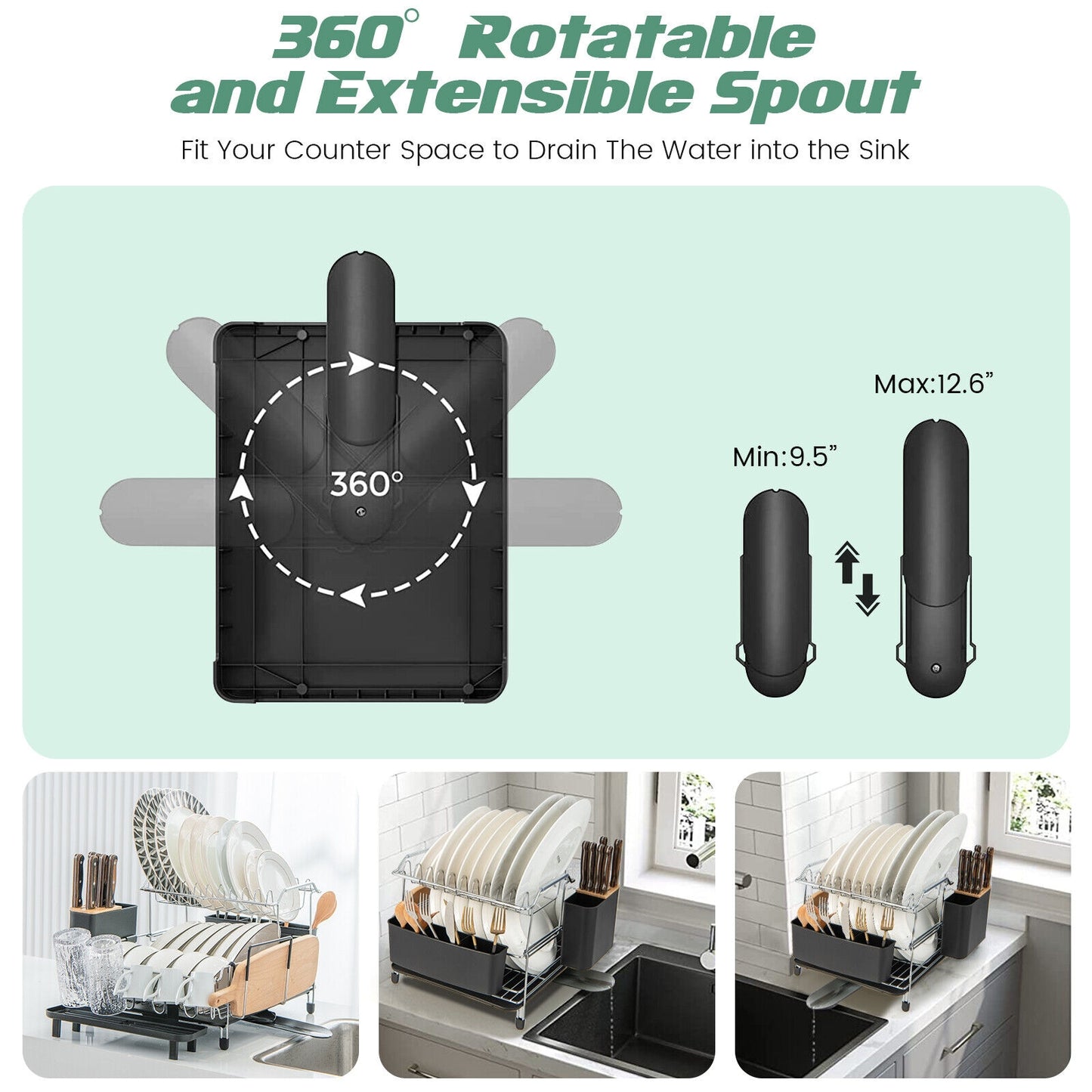 2-Tier Detachable Dish Rack with Drainboard and 360° Swivel Spout-Sliver, Silver Dish Racks at Gallery Canada