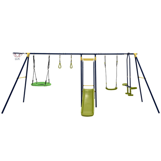 7-in-1 Stable A-shaped Outdoor Swing Set for Backyard, Blue