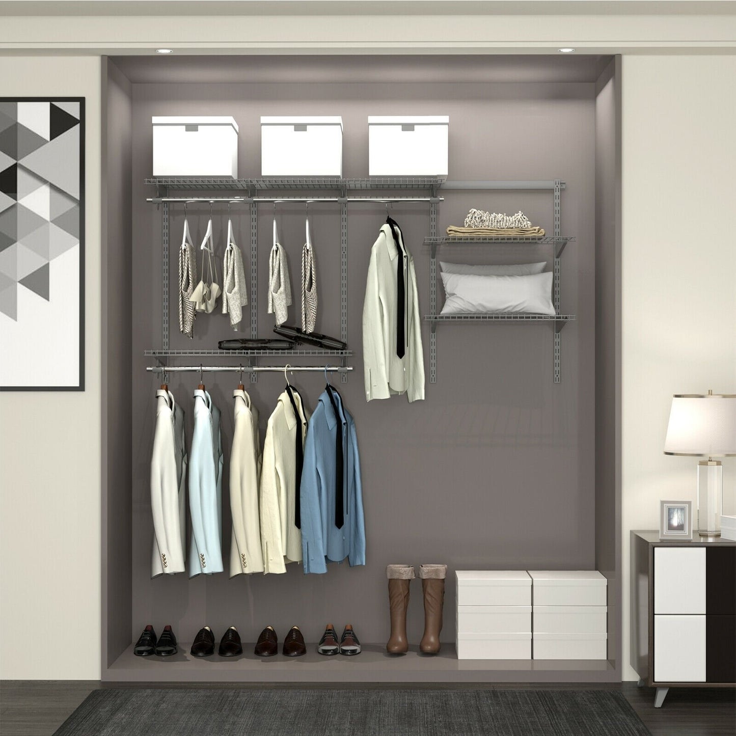 3 to 6 Feet Wall-Mounted Closet System Organizer Kit with Hang Rod, Gray
