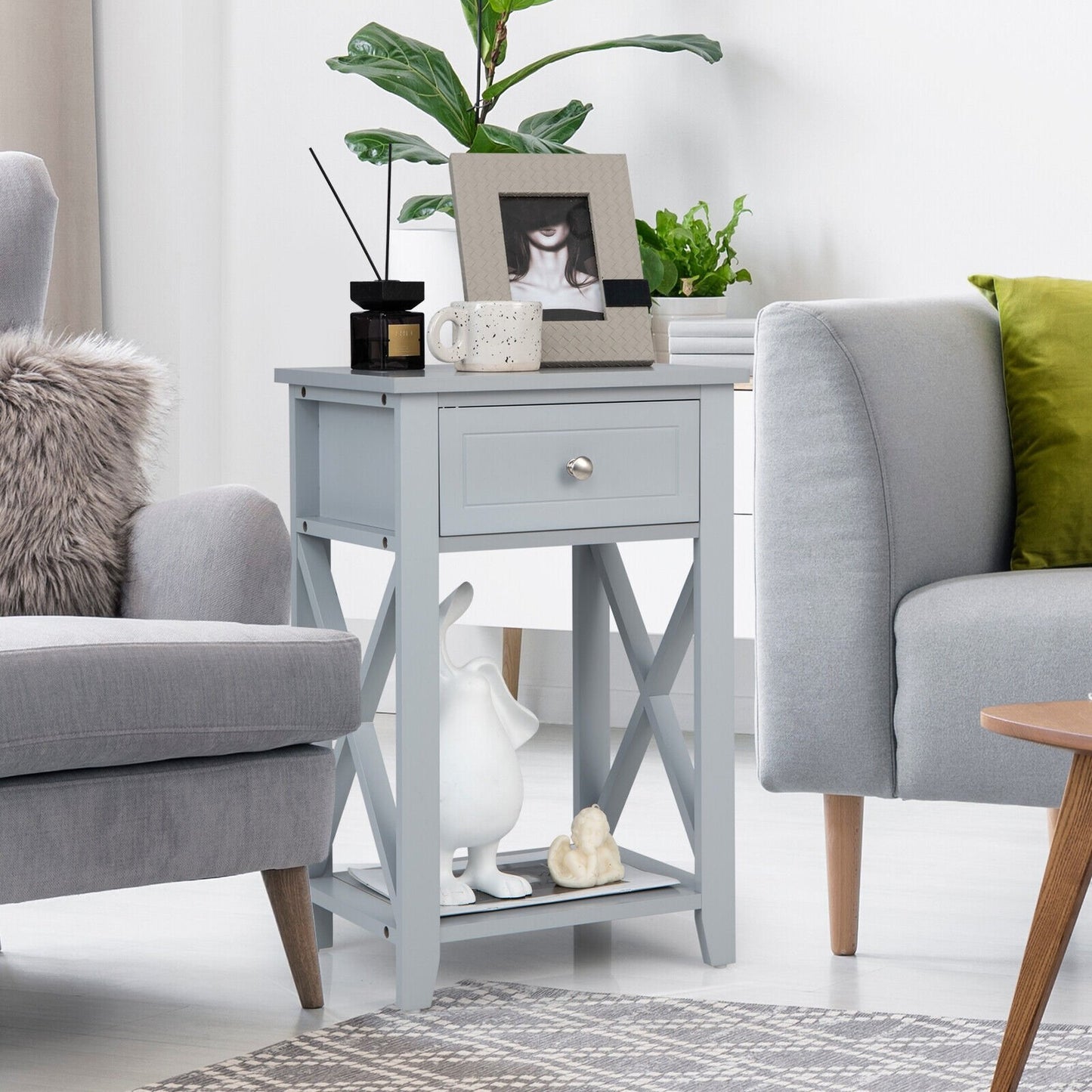 Sofa Side End Table with Drawer and Shelf, Gray