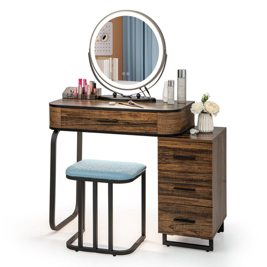 Vanity Table Set with 3-Color Lighted Mirror and Charging Station, Brown