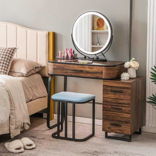 Vanity Table Set With 3-Color Lighted Mirror, Charging Station, Brown Makeup Vanities Brown at Gallery Canada