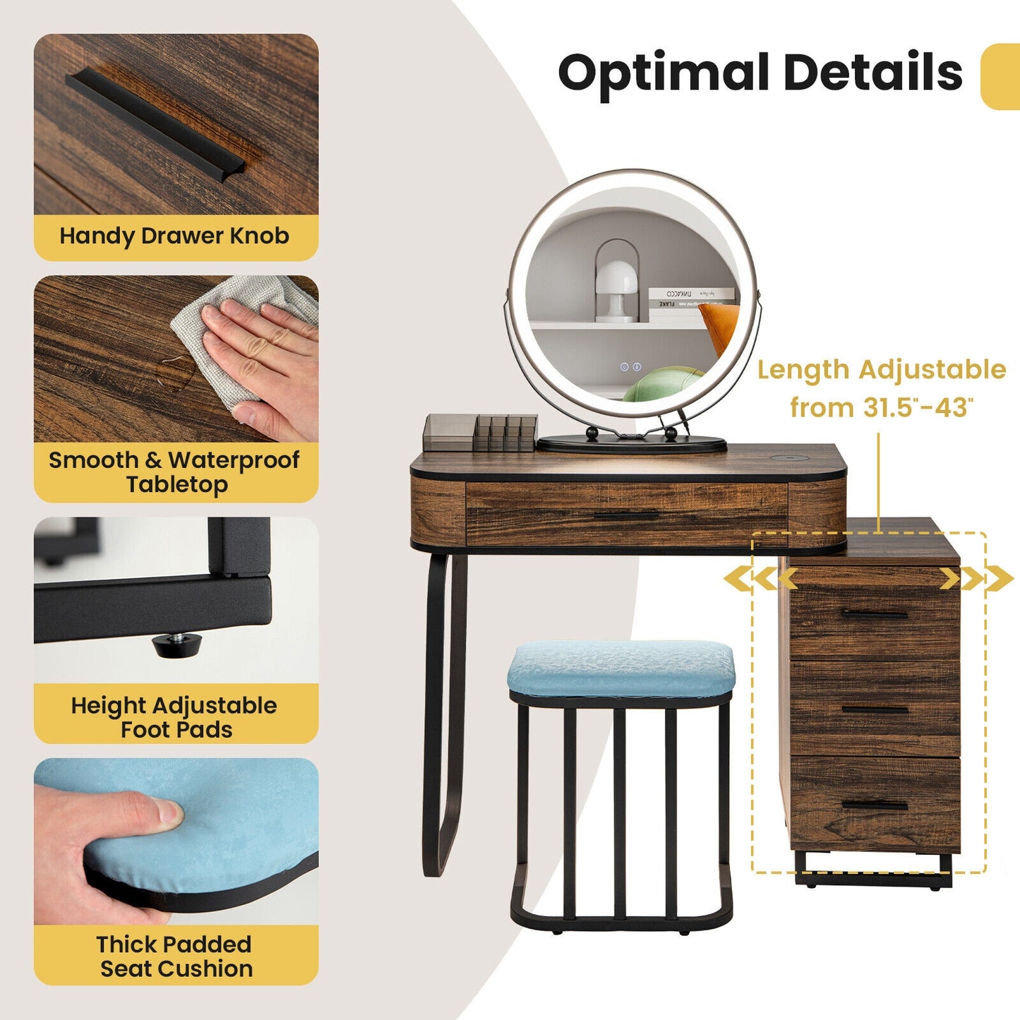 Vanity Table Set With 3-Color Lighted Mirror, Charging Station, Brown Makeup Vanities at Gallery Canada