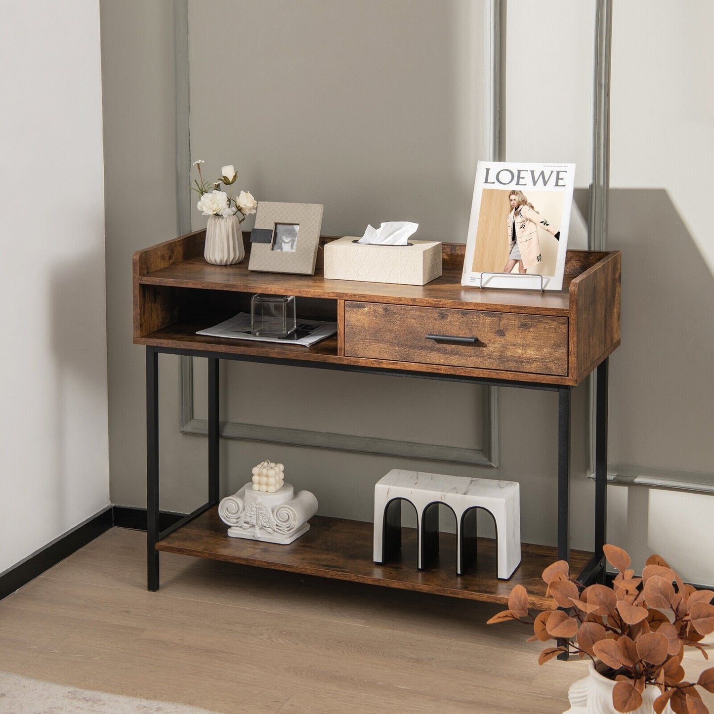 Long Console Table with Drawer and Metal Frame, Rustic Brown