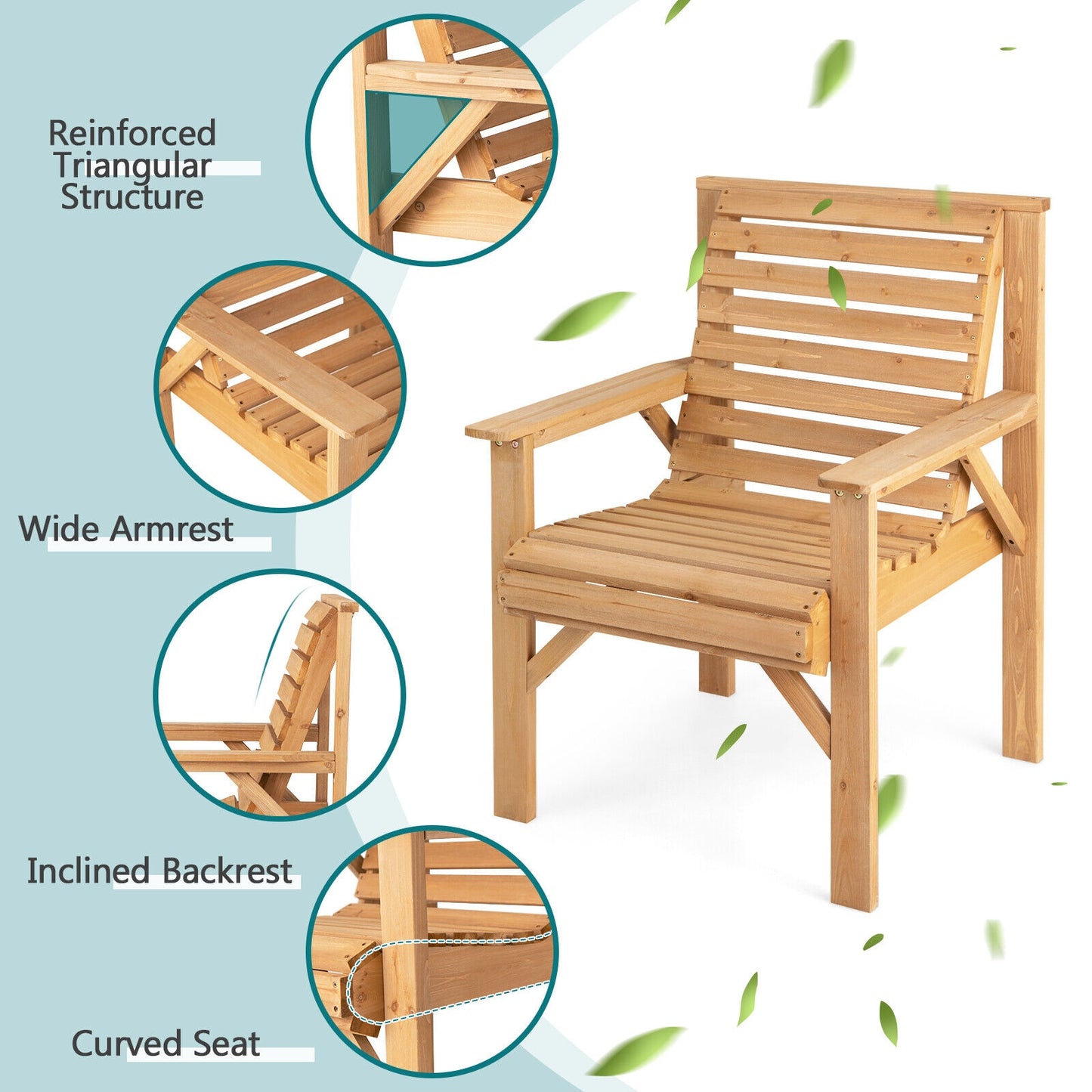 Outdoor Solid Fir Wood Chair, Inclined Backrest, Natural Patio Dining Chairs at Gallery Canada