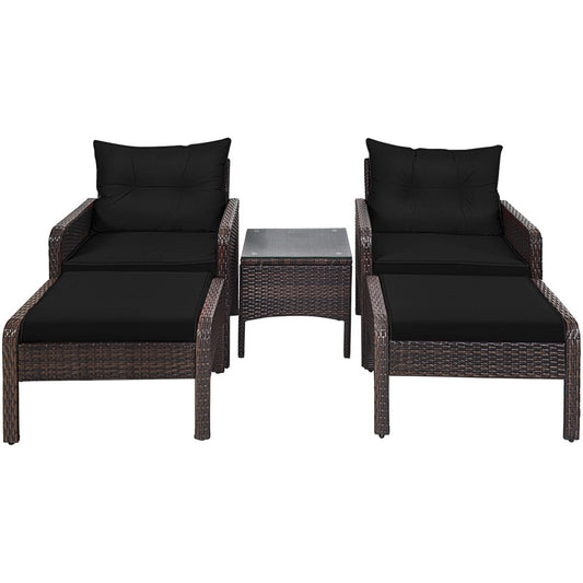 5 Pieces Patio Rattan Sofa Ottoman Furniture Set with Cushions, Black