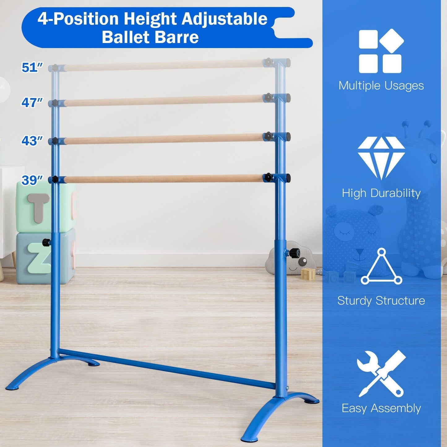51 Inch Ballet Barre Bar with 4-Position Adjustable Height, Blue