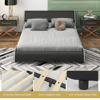 Upholstered Platform Bed Frame Low Profile Faux Leather with Curved Headboard-Queen Size, Black & White