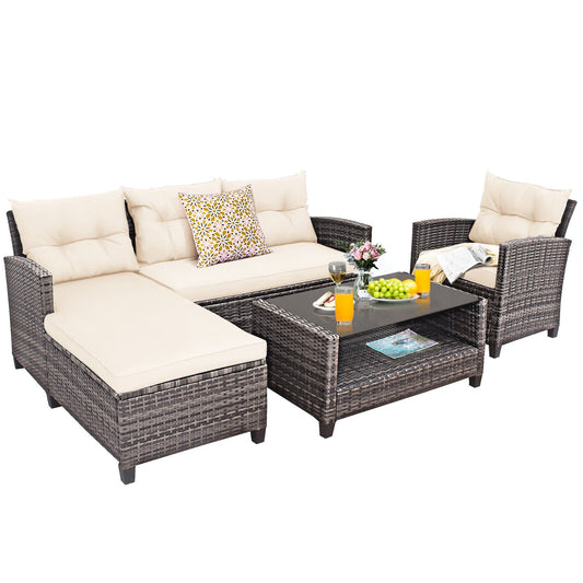 4 Pieces Patio Rattan Furniture Set with Cushion and Table Shelf, Off White