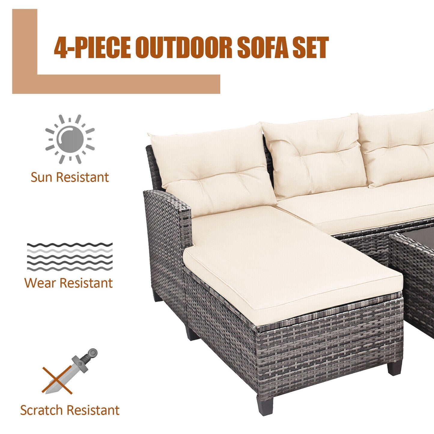 4 Pieces Patio Rattan Furniture Set with Cushion and Table Shelf, Off White Outdoor Sectionals at Gallery Canada