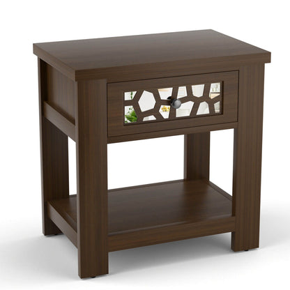 Wood Retro End Table with Mirrored Glass Drawer and Open Storage Shelf, Brown