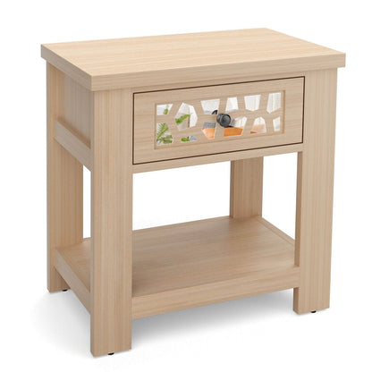 Wood Retro End Table with Mirrored Glass Drawer and Open Storage Shelf, Natural