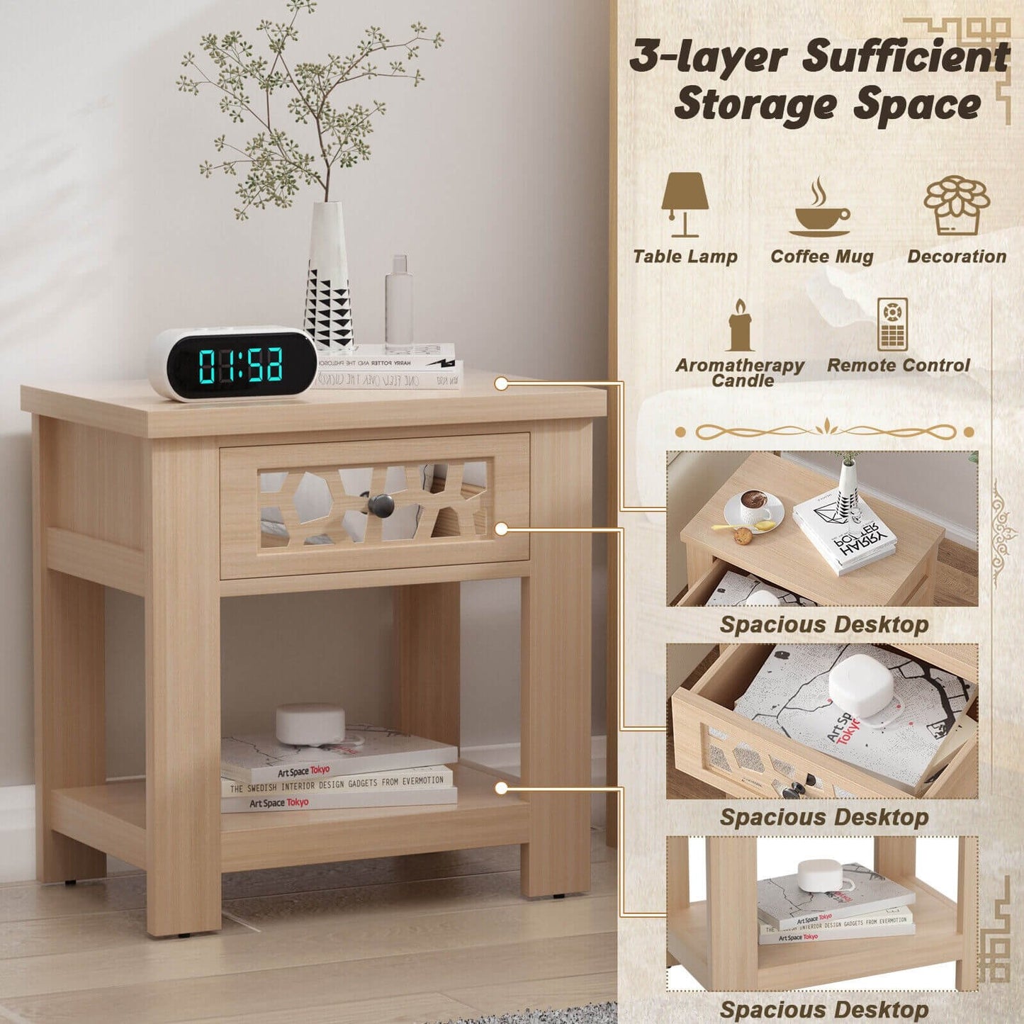 Wood Retro End Table with Mirrored Glass Drawer and Open Storage Shelf, Natural