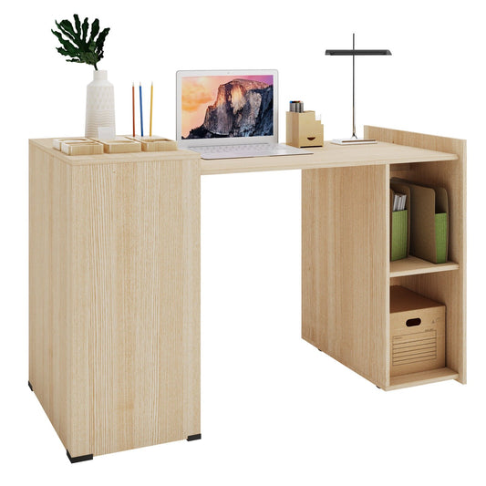 Extendable Computer Desk for Small Space with Mobile Shelves, Natural