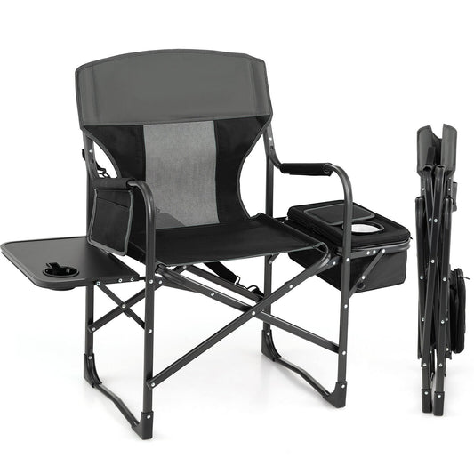 Folding Camping Directors Chair with Cooler Bag and Side Table, Black