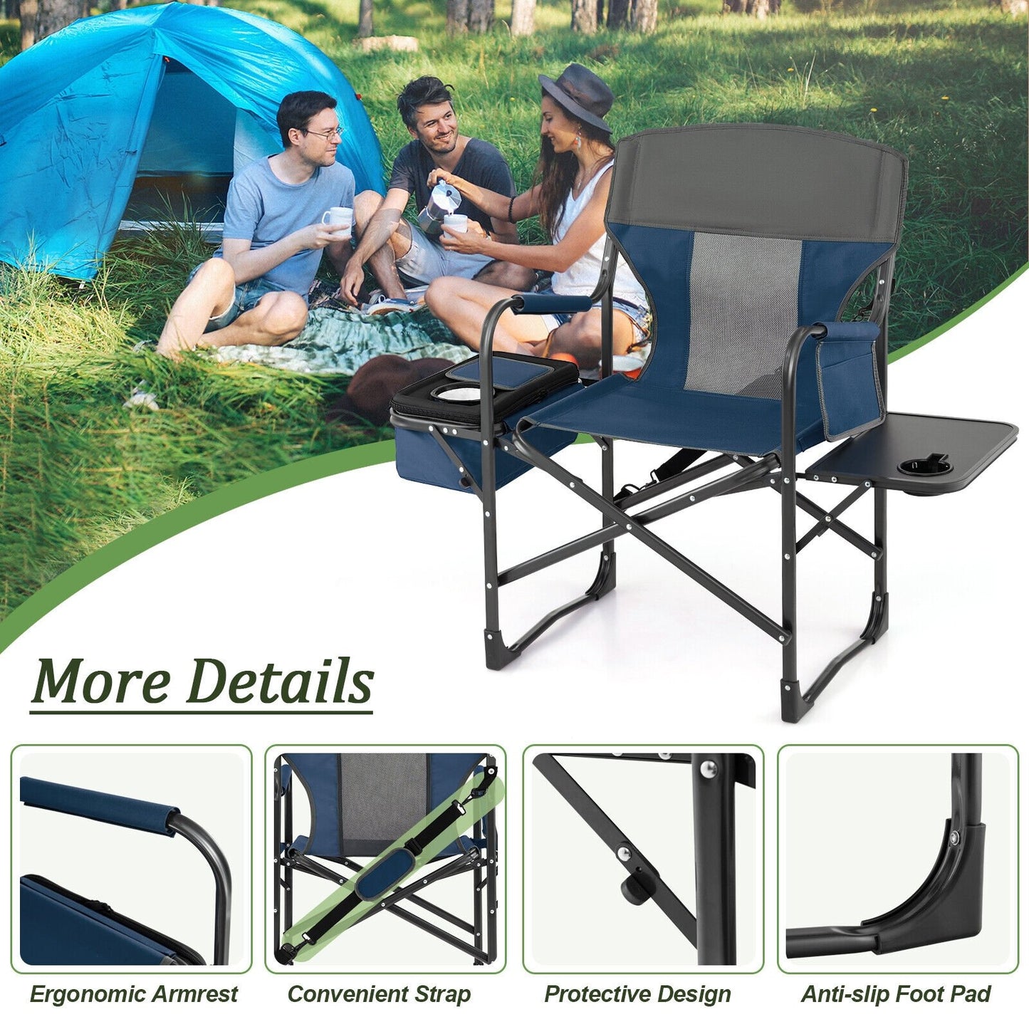 Folding Camping Directors Chair with Cooler Bag and Side Table, Blue