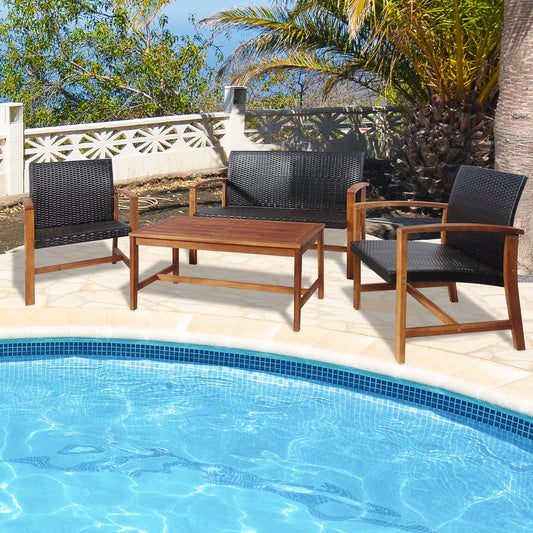 4 Pieces PE Rattan Patio Furniture Set with Acacia Wood Patio Conversation Sets Mix brown, Natural at Gallery Canada