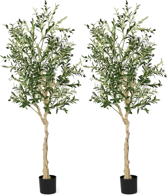 6 Feet Artificial Olive Tree in Cement Pot-2 Pieces, Green