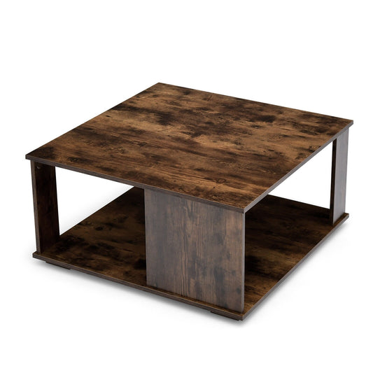 2 Tiers Square Coffee Table with Storage and Non-Slip Foot Pads, Rustic Brown