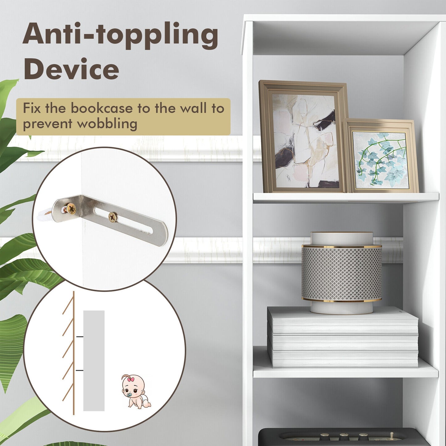 5 Tier 4 Cube Narrow Bookshelf, 4 Anti-Tipping Kits, White Bookcases at Gallery Canada