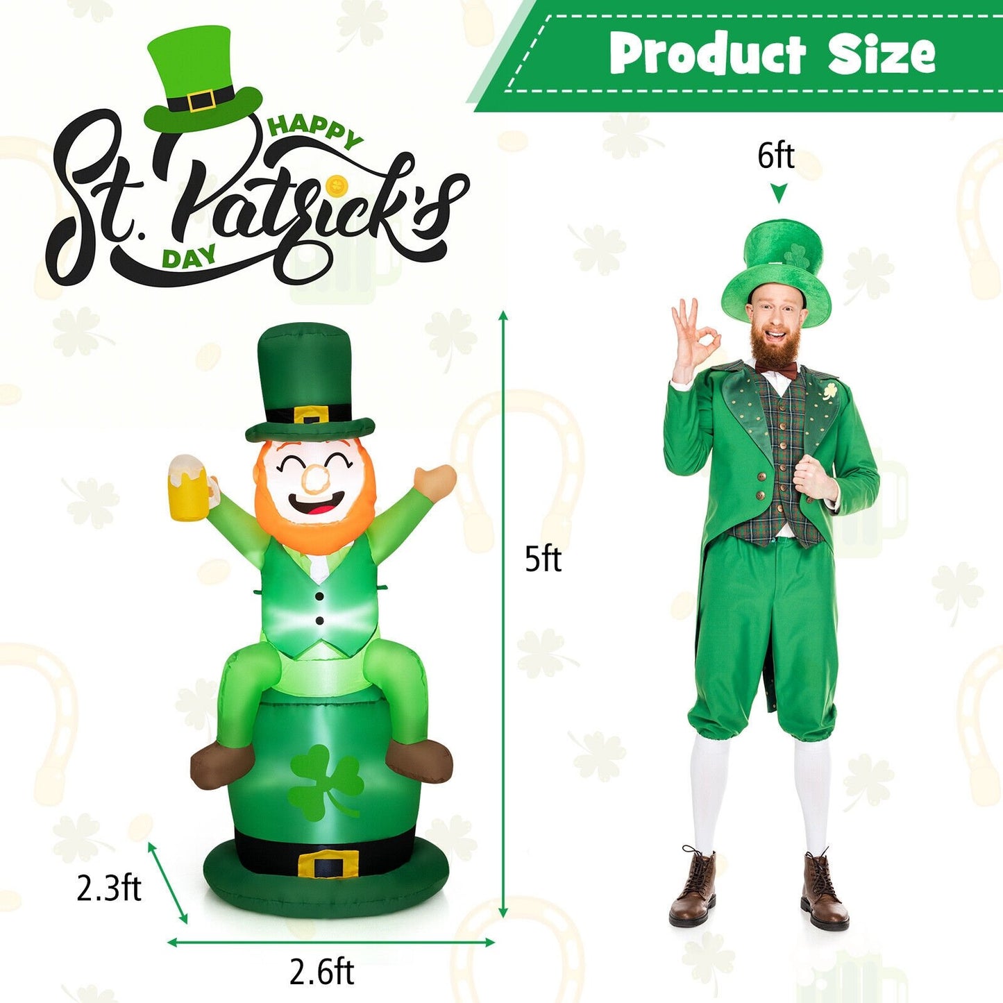 5 Feet St Patrick's Day Inflatable Decoration Leprechaun Sitting on Hat, Green