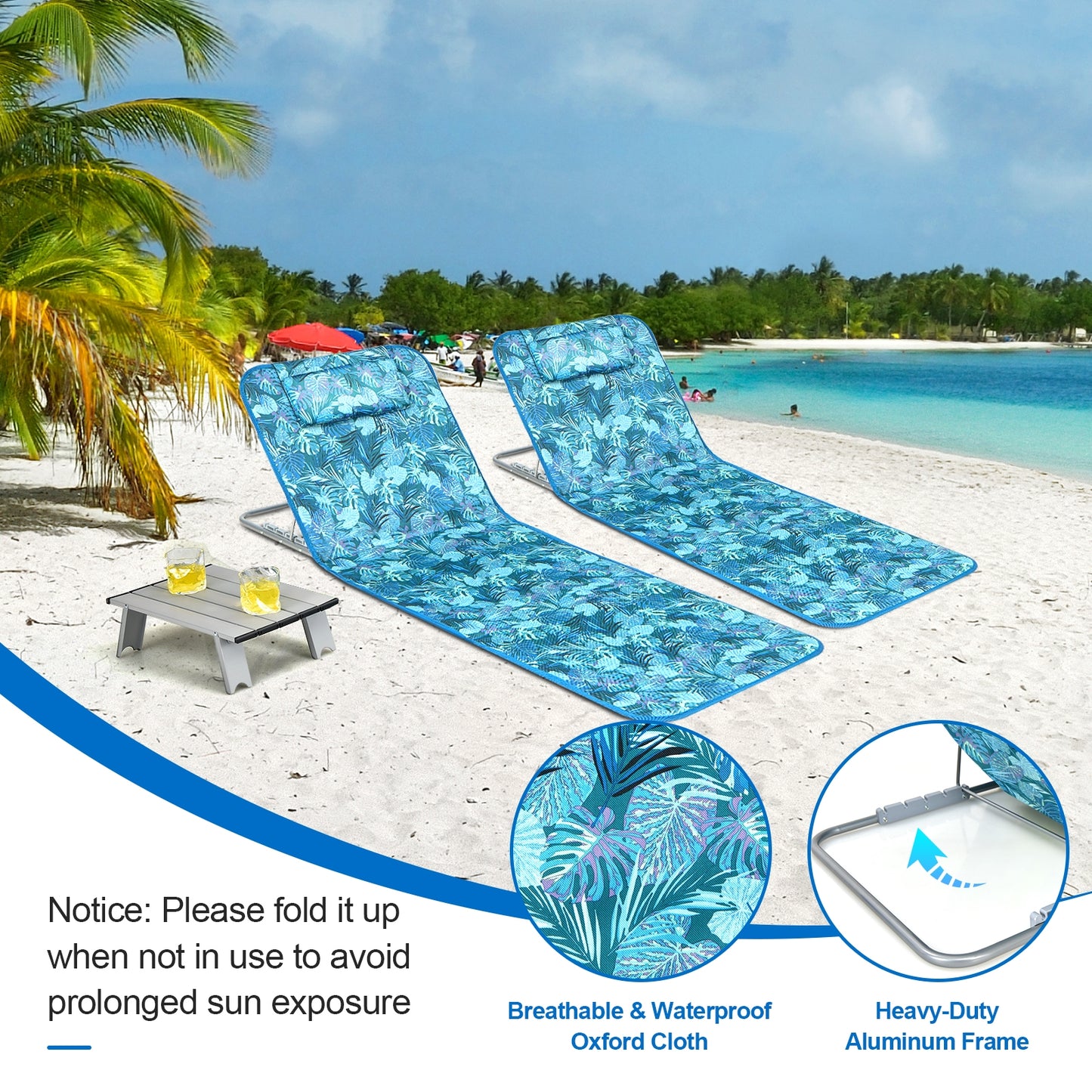 3 Piece Beach Lounge Chair Set, 2 Adjustable Chairs With Table, Green Beach & Lawn Chairs at Gallery Canada