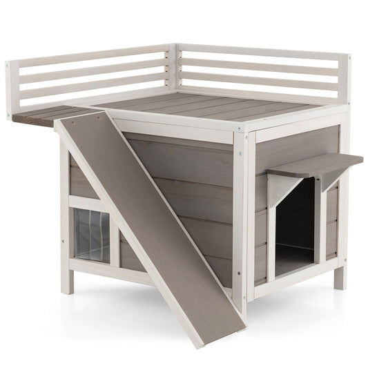 Outdoor Wooden Feral Cat House with Balcony and Slide, Gray