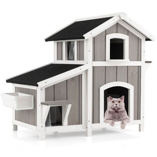 Outdoor 2-Story Wooden Feral Cat House with Escape Door, Gray