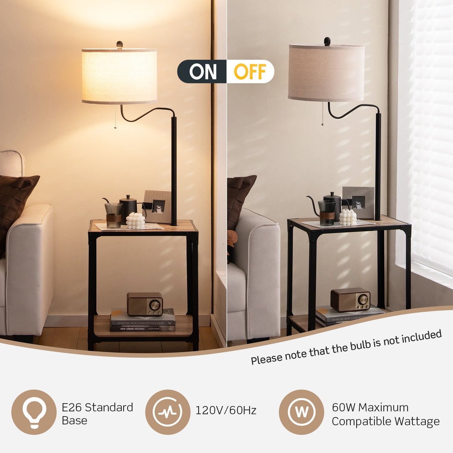 360° Rotatable Floor Lamp with End Table and USB Charging Ports, Black