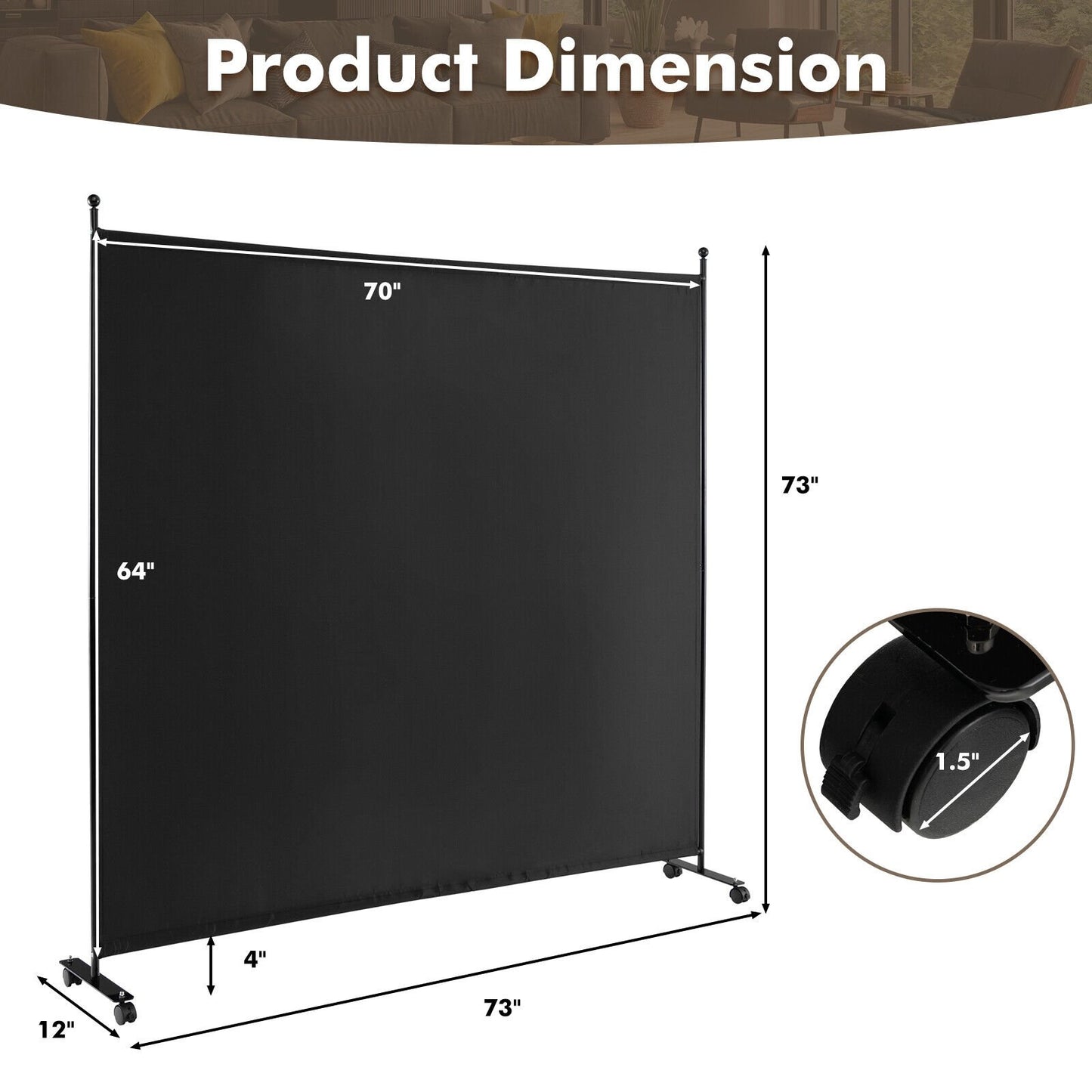 6 Feet Single Panel Rolling Room Divider with Smooth Wheels, Black at Gallery Canada
