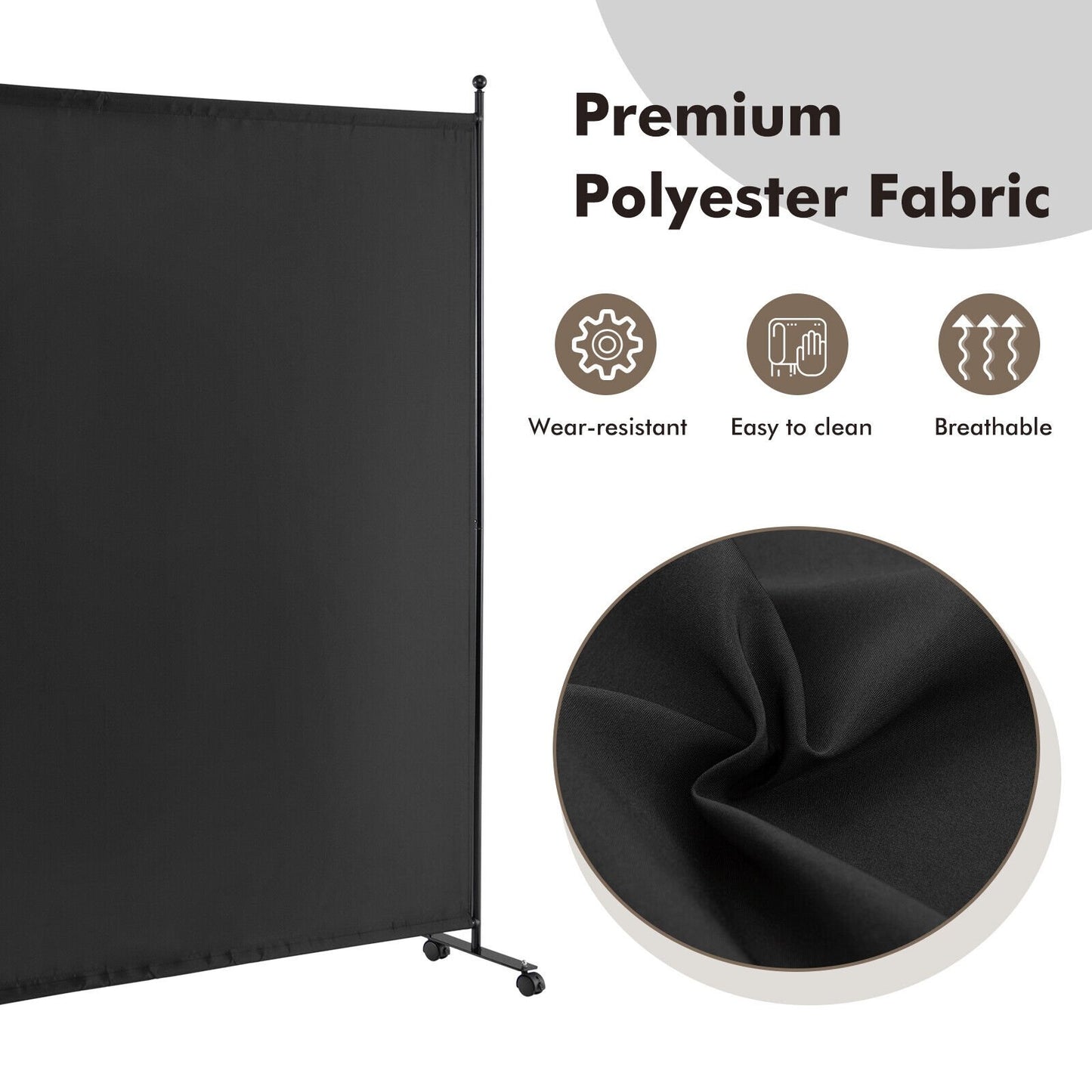 6 Feet Single Panel Rolling Room Divider with Smooth Wheels, Black at Gallery Canada