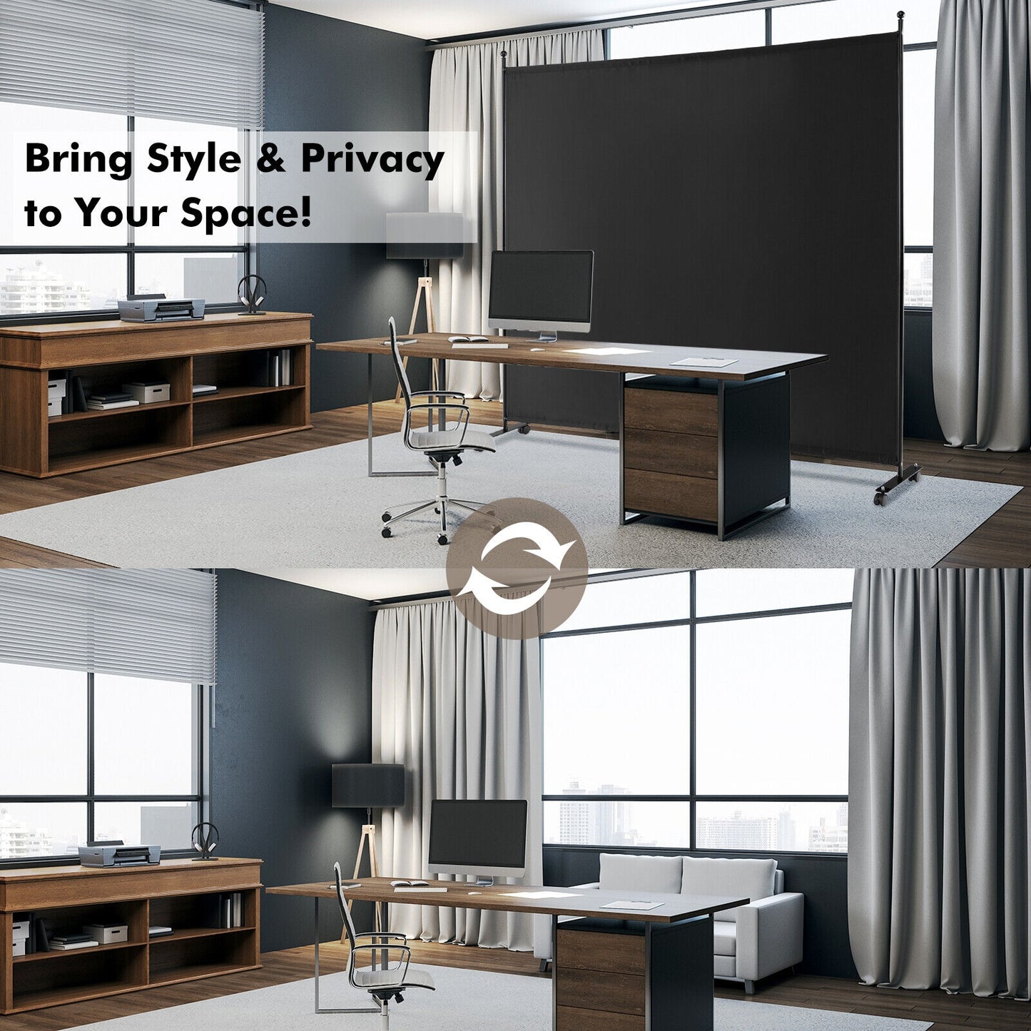 6 Feet Single Panel Rolling Room Divider with Smooth Wheels, Black Room Dividers at Gallery Canada