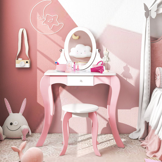 Pretend Kids Vanity Set with 360° Rotatable Mirror and Play Accessories, Pink Kids Vanities Pink at Gallery Canada