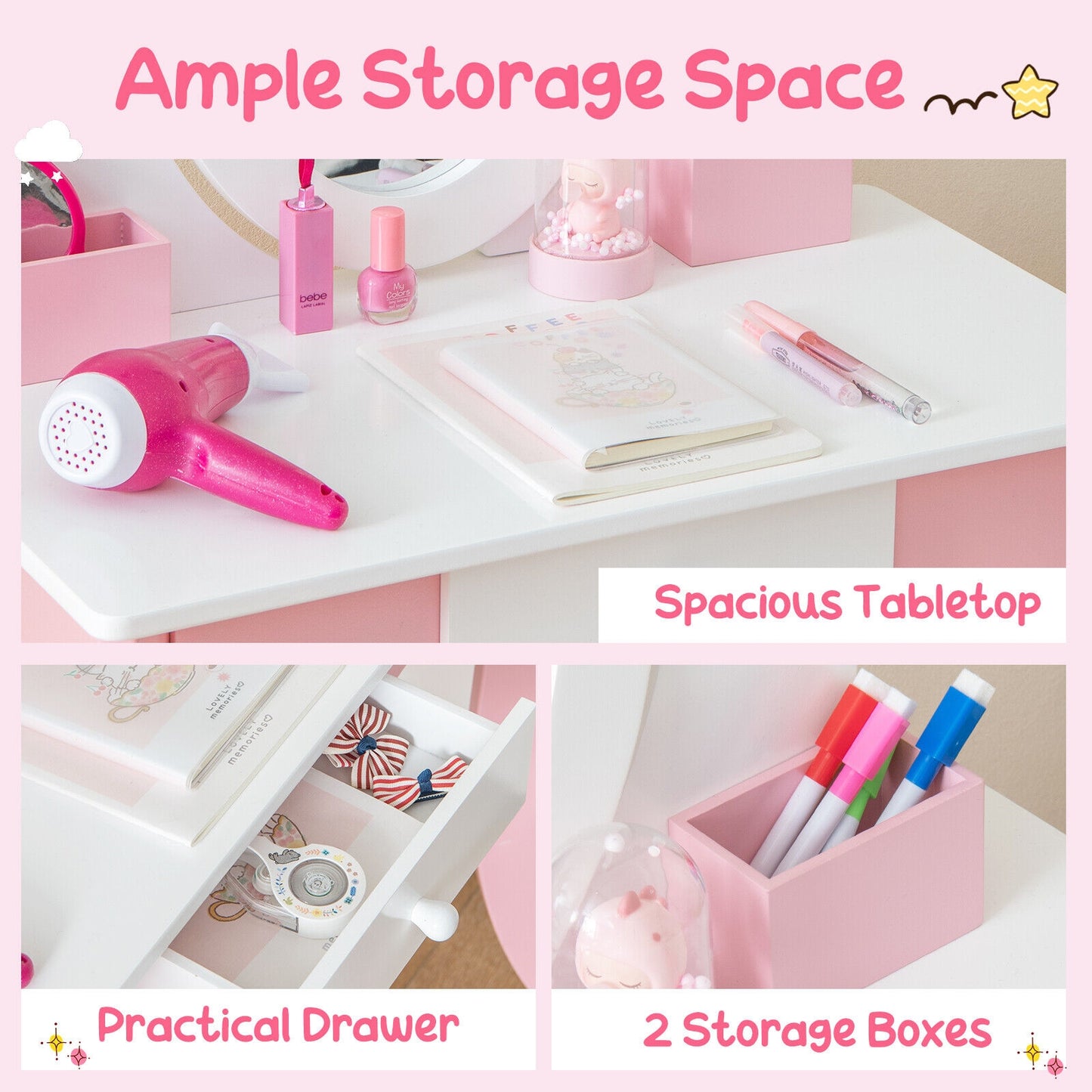 Pretend Kids Vanity Set with 360° Rotatable Mirror and Play Accessories, Pink Kids Vanities at Gallery Canada