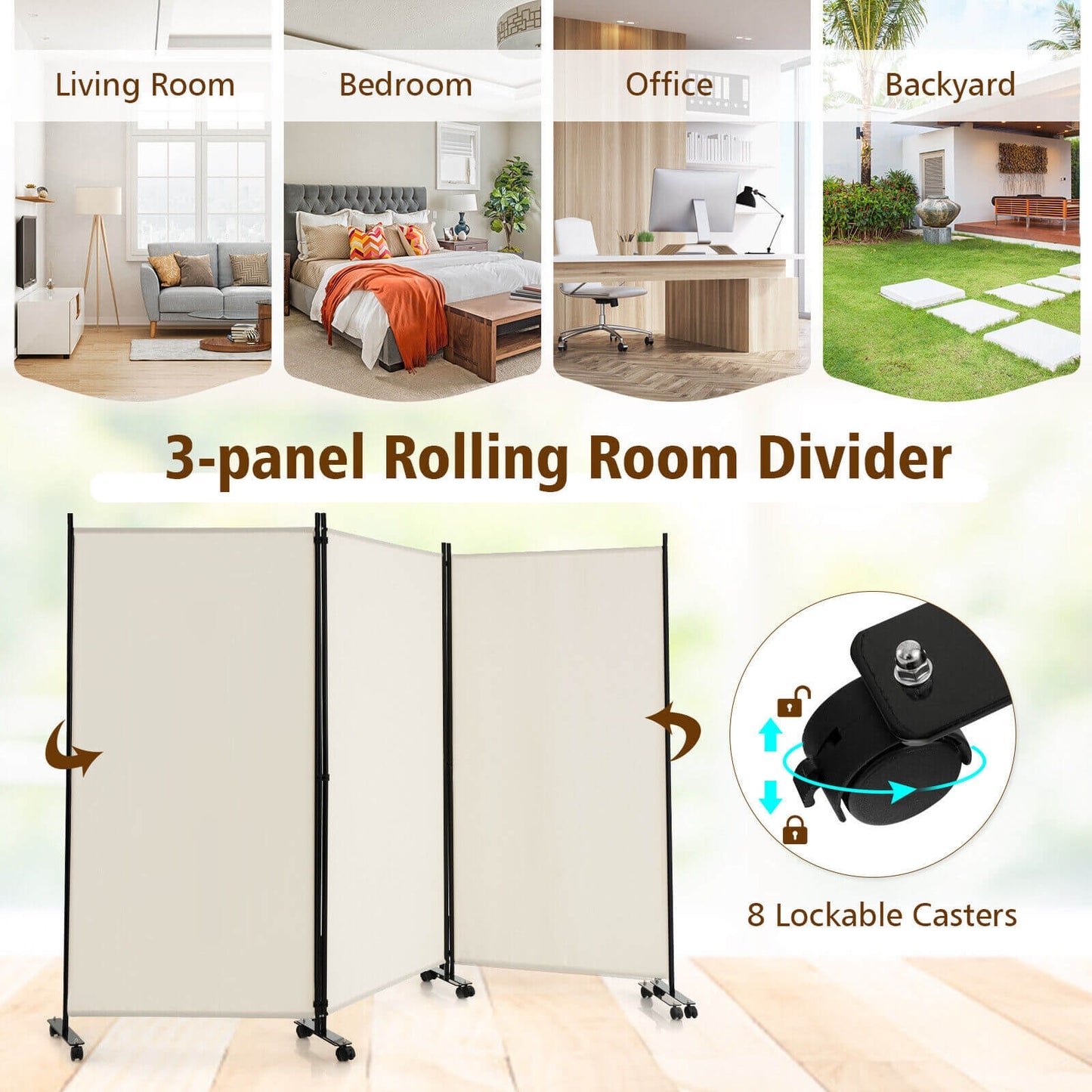 3 Panel Folding Room Divider With Lockable Wheels, White Room Dividers at Gallery Canada
