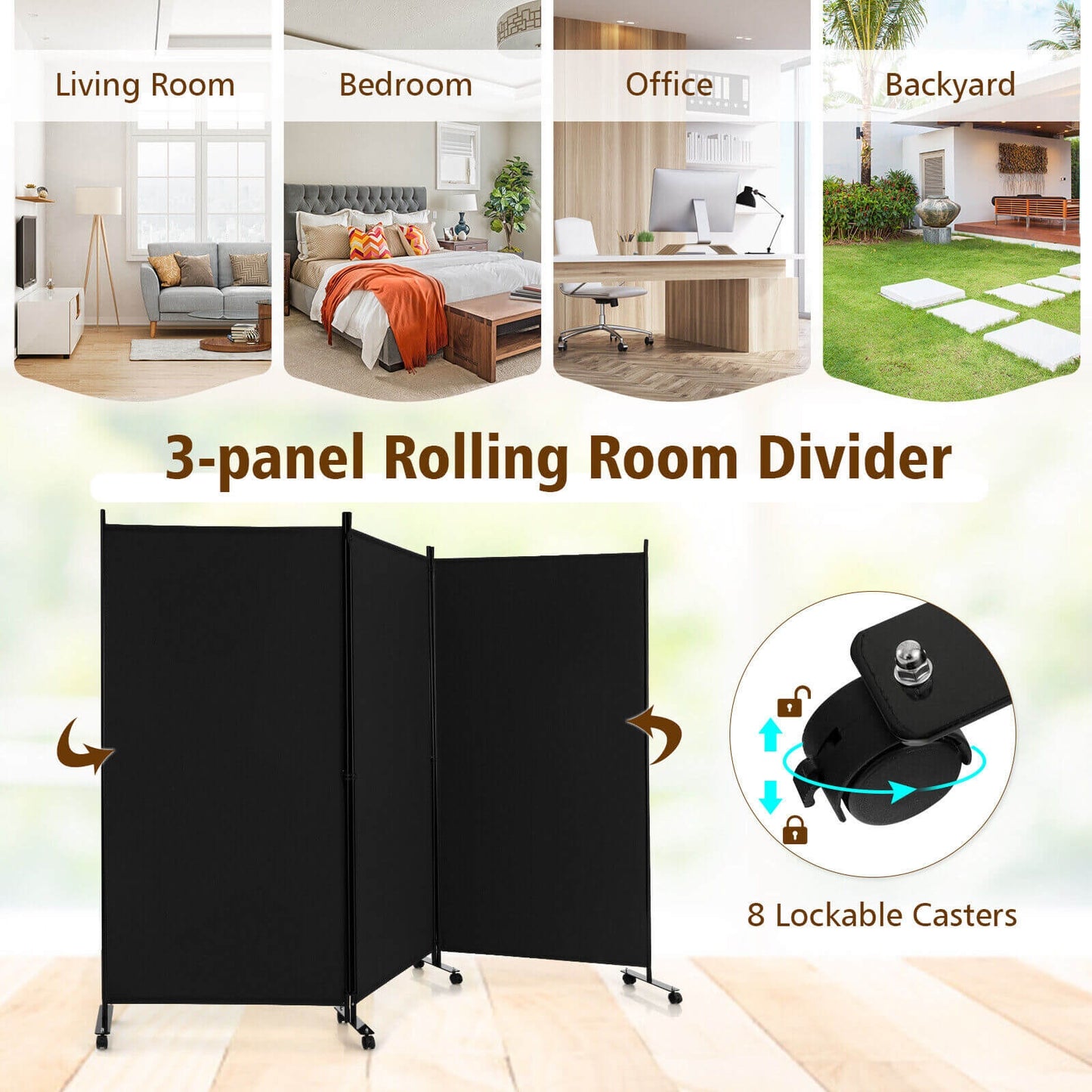 3 Panel Folding Room Divider With Lockable Wheels, Black Room Dividers at Gallery Canada