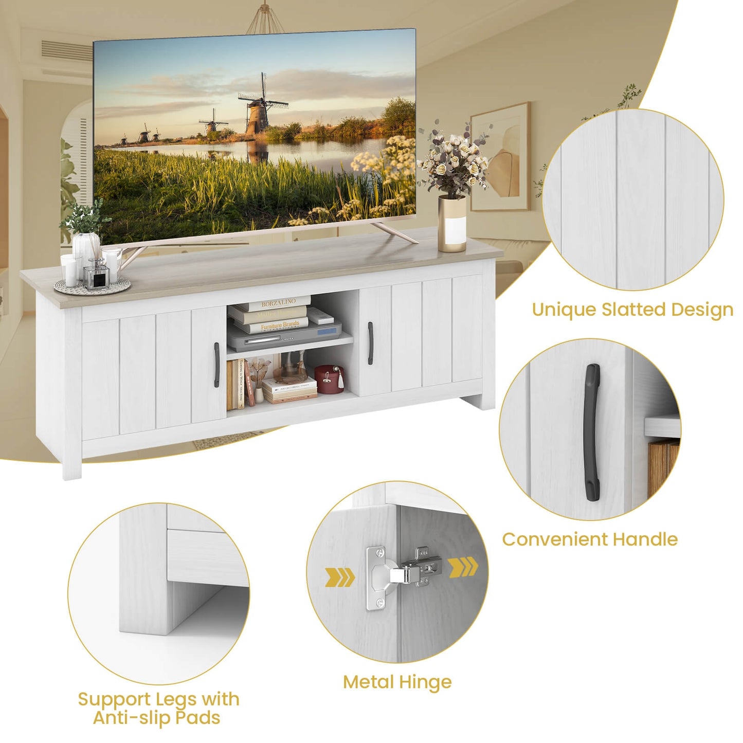 TV Stand With 2 Cabinets, Open Shelves, For 65 Inch TVs, Natural Entertainment Centers & TV Stands at Gallery Canada