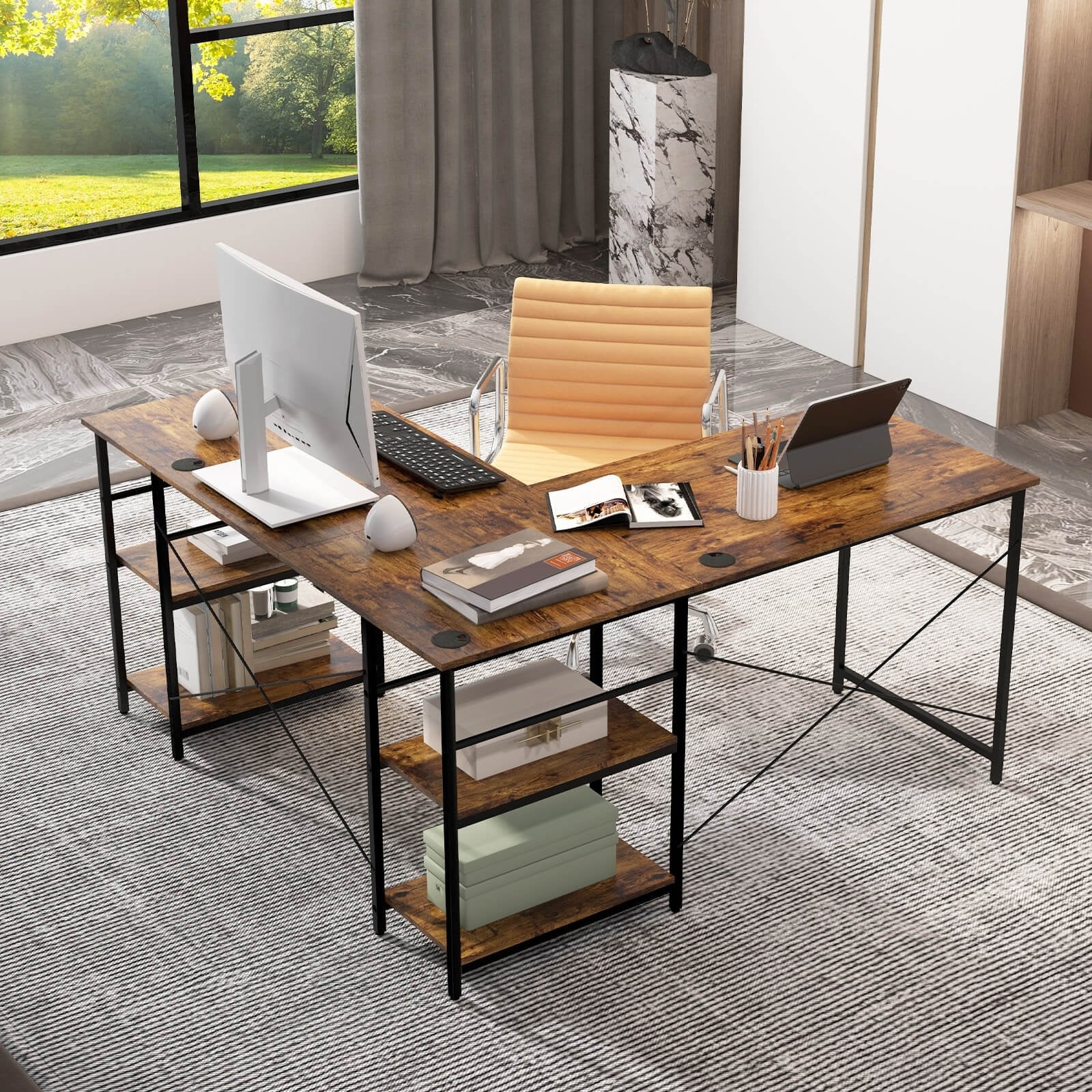 L Shaped Computer Desk with 4 Storage Shelves and Cable Holes, Rustic Brown at Gallery Canada