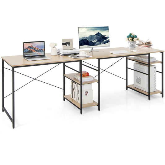 L Shaped Computer Desk with 4 Storage Shelves and Cable Holes, Natural