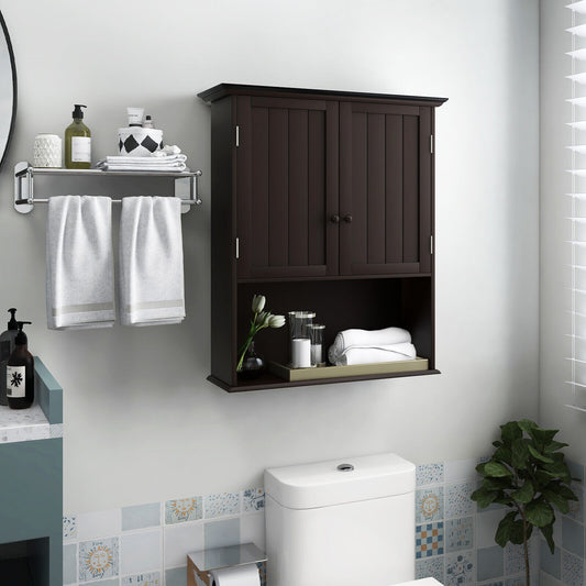 2-Door Wall Mount Bathroom Storage Cabinet with Open Shelf, Espresso Wall Cabinets Espresso at Gallery Canada