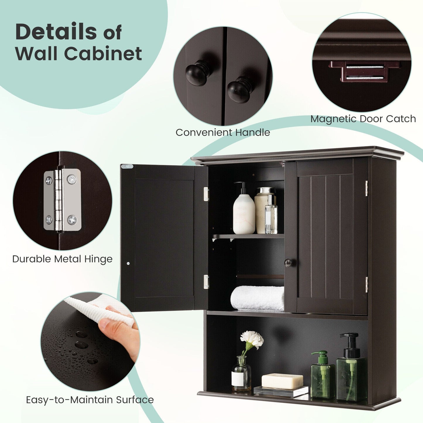 2-Door Wall Mount Bathroom Storage Cabinet, Espresso Wall Cabinets at Gallery Canada