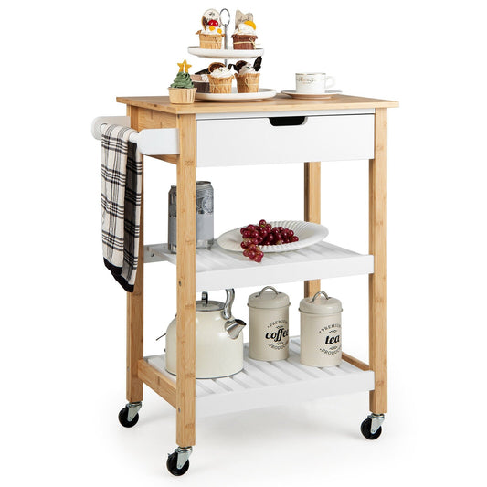 3-Tier Kitchen Island Cart Rolling Service Trolley with Bamboo Top, Natural