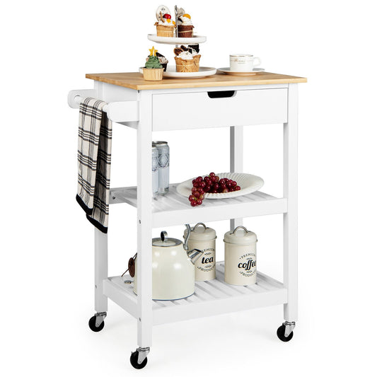 3-Tier Kitchen Island Cart Rolling Service Trolley with Bamboo Top, White