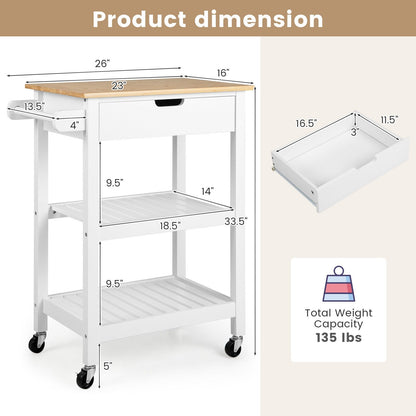 3-Tier Kitchen Island Cart Rolling Service Trolley with Bamboo Top, White at Gallery Canada
