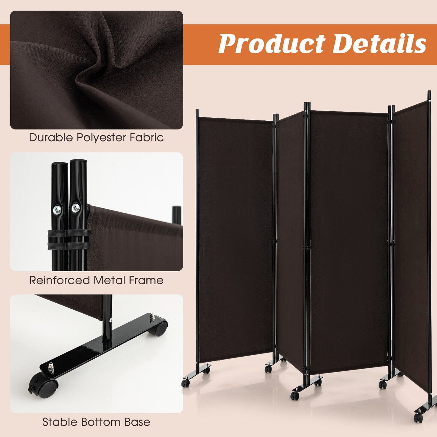 4-Panel Folding Room Divider 6 Feet Rolling Privacy Screen with Lockable Wheels, Brown Room Dividers at Gallery Canada