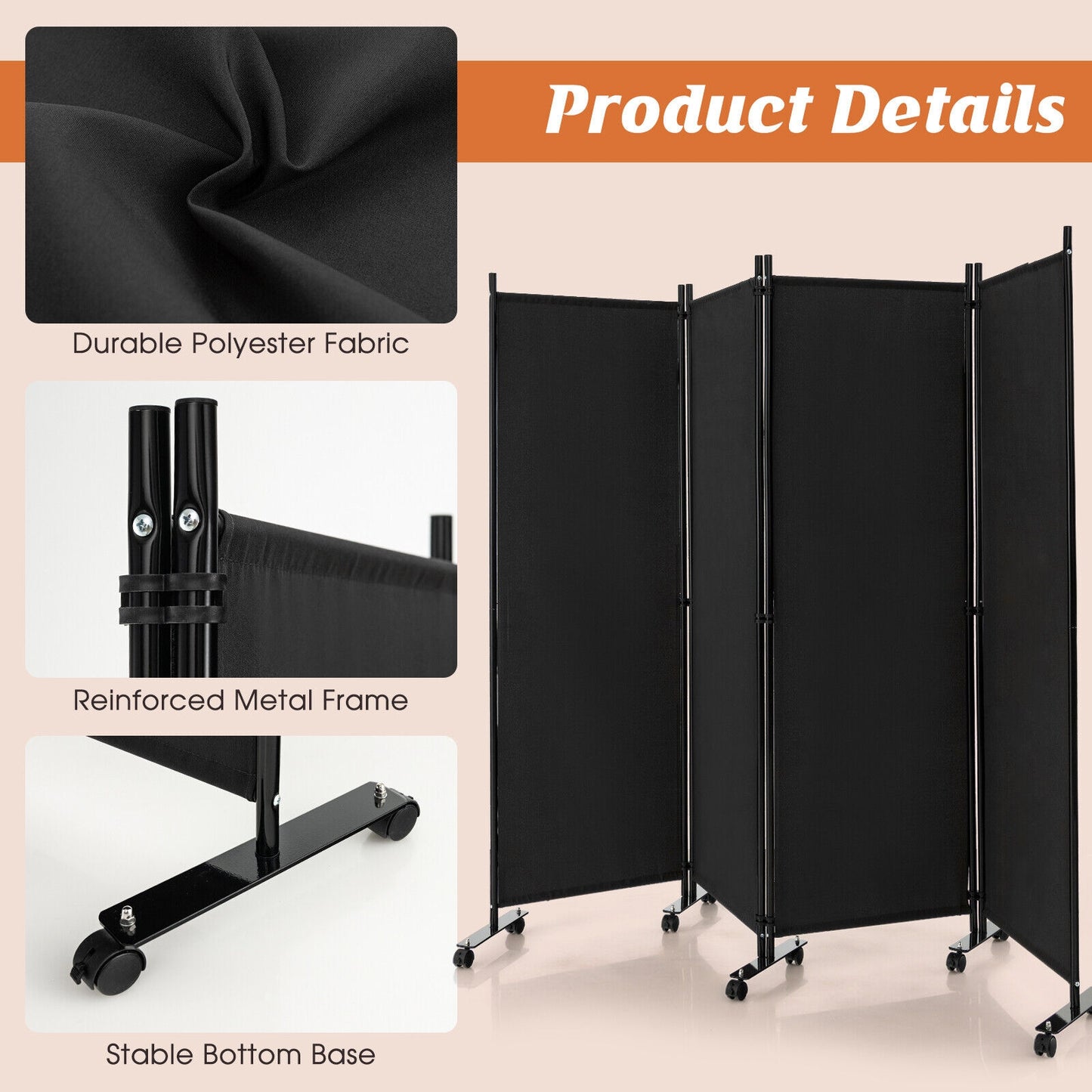 4-Panel Folding Room Divider, 6 Feet, Lockable Wheels, Black Room Dividers at Gallery Canada