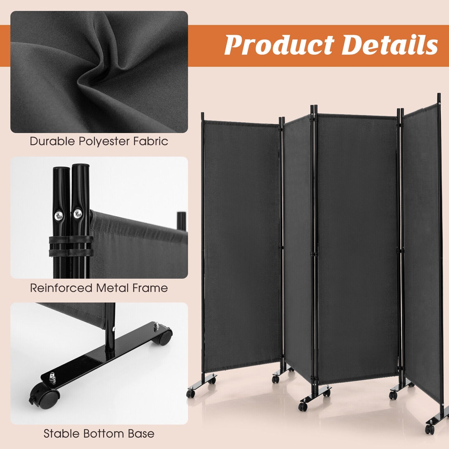 4-Panel Folding Room Divider, 6 Feet, Lockable Wheels, Gray Room Dividers at Gallery Canada