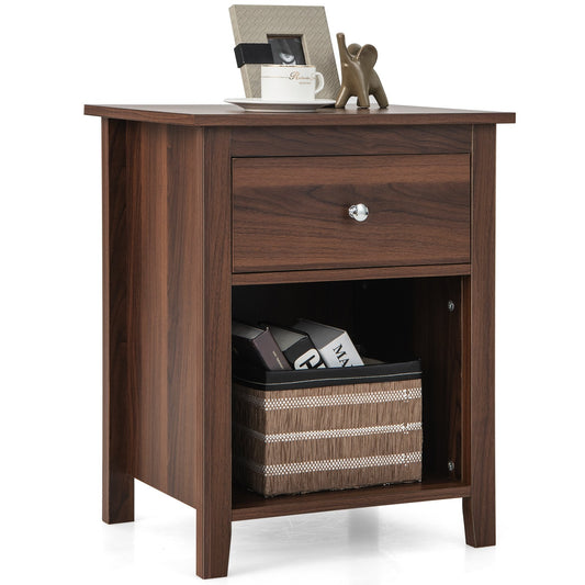 Wooden Nightstand with Slide-out Drawer and Open Shelf, Walnut
